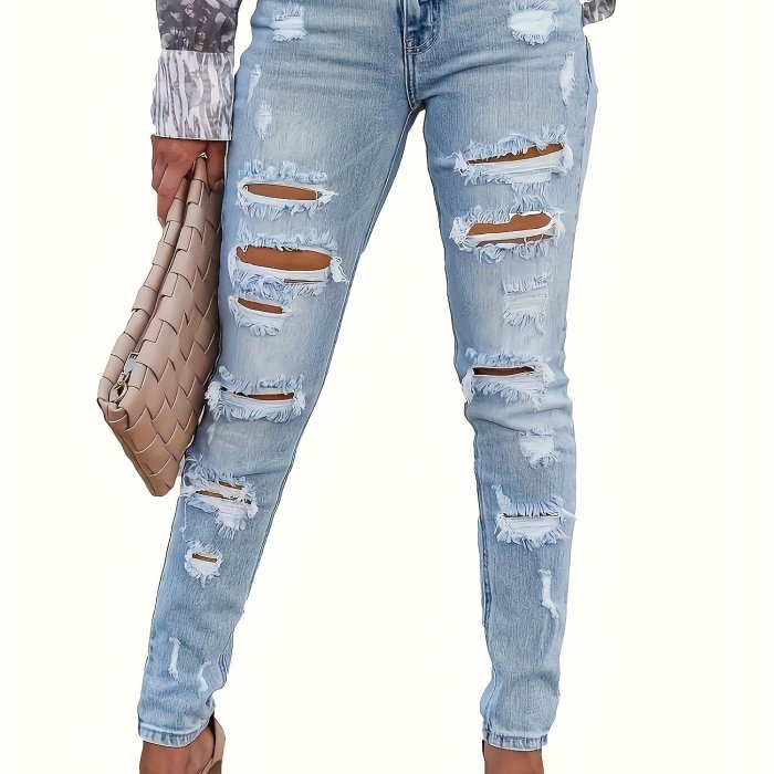 Ripped Cropped Pants Stretch Denim Middle Pants For Women