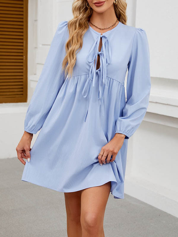 A-Line Loose Elasticity Hollow Lace-Up Pleated Solid Color Split-Joint Round-Neck Mini Dresses Shirt Dress