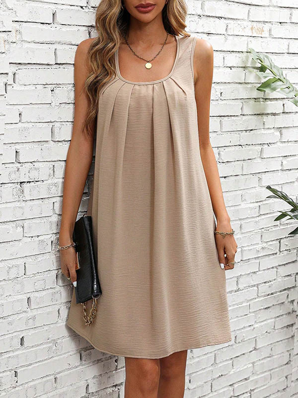 A-Line Loose Pleated Solid Color U-Neck Mini Dresses