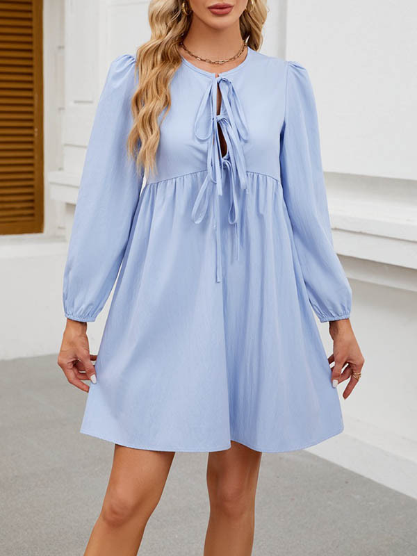 A-Line Loose Elasticity Hollow Lace-Up Pleated Solid Color Split-Joint Round-Neck Mini Dresses Shirt Dress