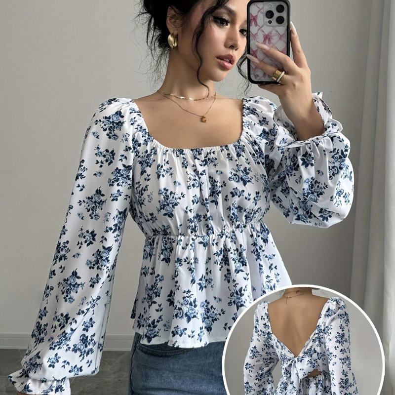 Elegant Floral Print Polyester Blouse - Long Sleeve, Ruched Waist, Puff Sleeves, Square Neck, Adult Size, Woven Fabric, Spring\u002FSummer Fashion Top