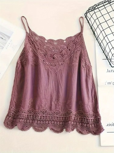 Chic Lace Embroidery V-Neck Cami Top - Breathable Polyester, Semi-Sheer, Perfect for Summer & Beach Outings