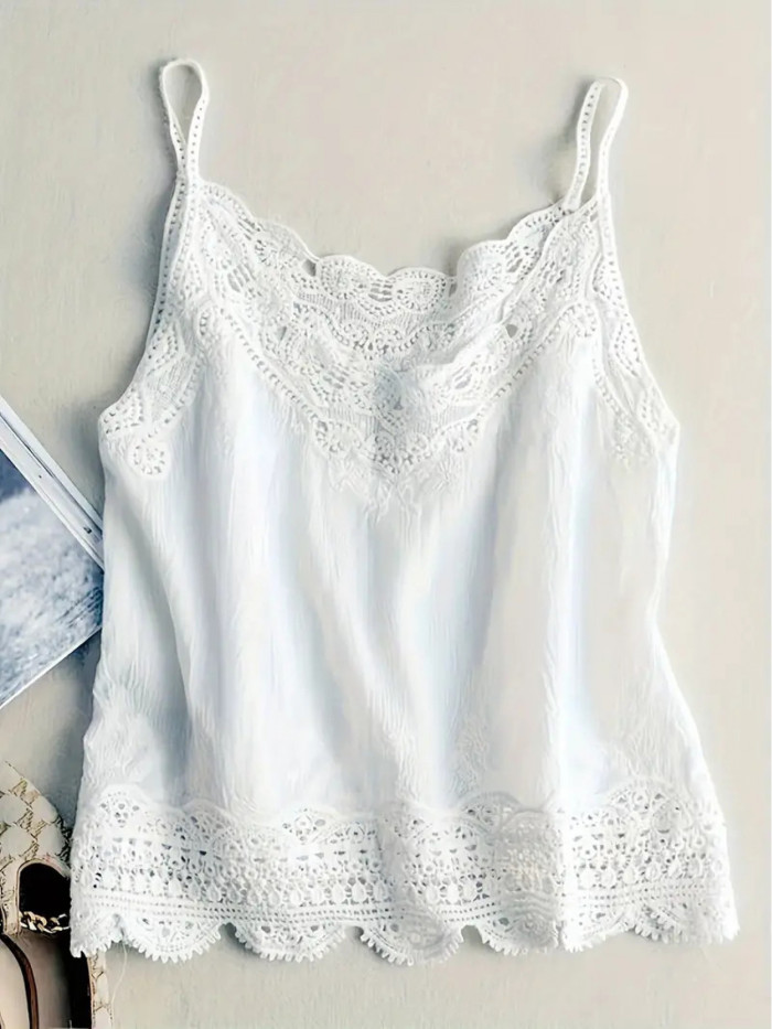 Chic Lace Embroidery V-Neck Cami Top - Breathable Polyester, Semi-Sheer, Perfect for Summer & Beach Outings