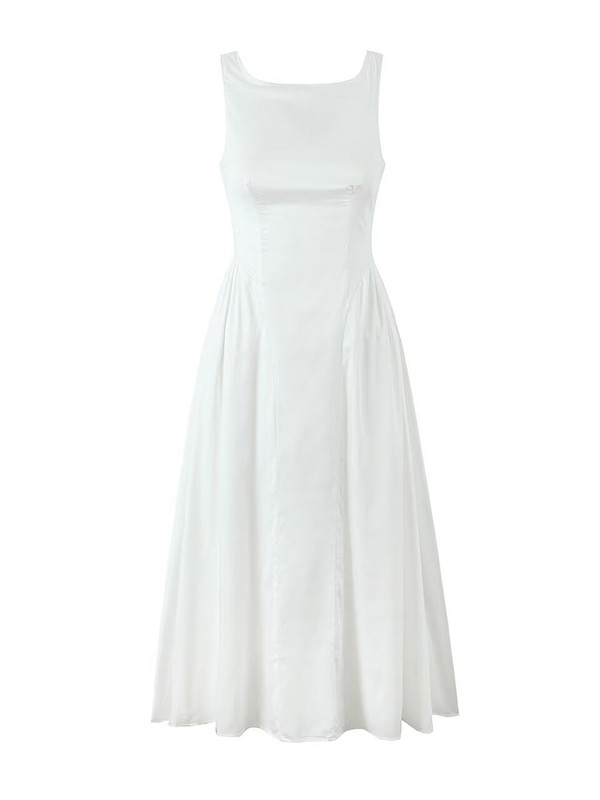 A-Line Loose No Belt Pleated Solid Color Zipper Round-Neck Midi Dresses