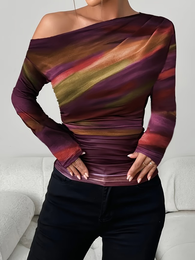 Stylish Women's One-Shoulder Neck Tie Dye Long Sleeve Slim Fit Knit Top, Polyester and Spandex Blend for All-Season Wear