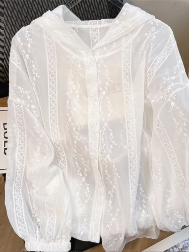 Spring\u002FSummer Chic Embroidered Hooded Shirt - Polyester, Adult, Woven, 100g\u002Fm²