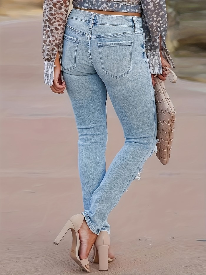 European And American Style Sexy Ripped Casual Women'S Slim-Fit Stretchy Denim Long Pants