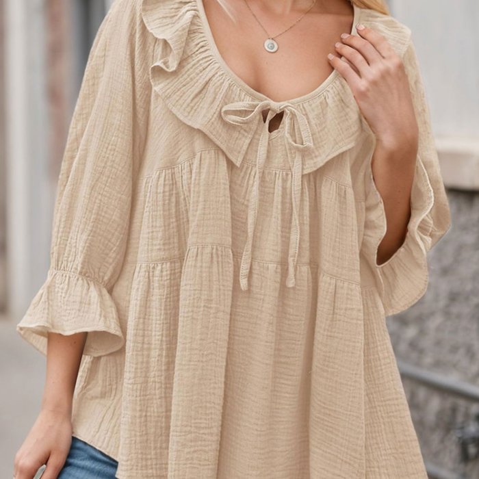 Tooluck Women'S Round Neck 3\u002F4 Long Sleeve Casual Lace-Up Front Ruffled Multi-Layered Loose Belted Shirt