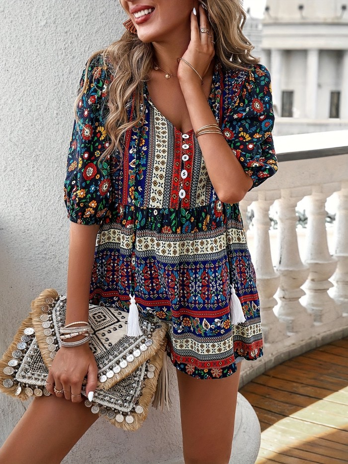 Long Sleeve Elegant V Neck Floral Print Blouse - Button Front, Relaxed Fit, Machine Washable, Summer Vacation Essential - Polyester Shirting Top for Women
