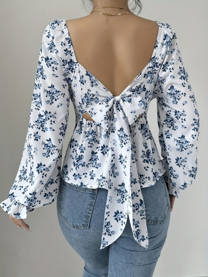 Elegant Floral Print Polyester Blouse - Long Sleeve, Ruched Waist, Puff Sleeves, Square Neck, Adult Size, Woven Fabric, Spring\u002FSummer Fashion Top