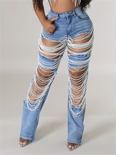 Women's Stylish Mid-Rise Straight Leg Jeans with Pearl Chain Fringe - Sexy Distressed Denim Pants for Casual Streetwear, Light Blue Denim with White Pearl Accents