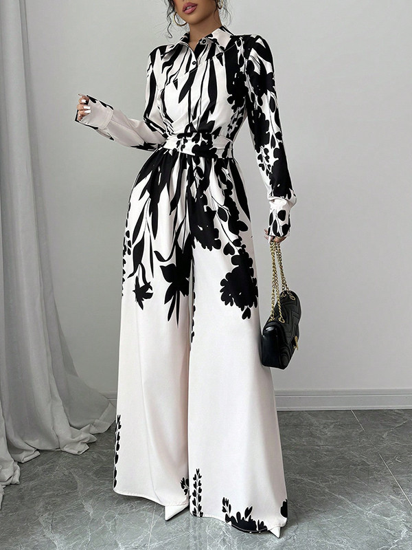 Long Sleeves Loose Floral Printed Split-Joint Tied Waist Lapel Jumpsuits