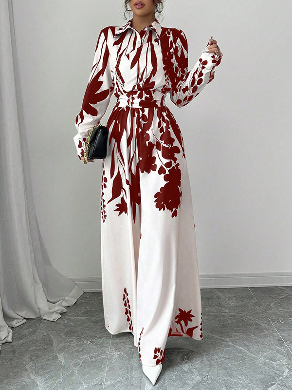 Long Sleeves Loose Floral Printed Split-Joint Tied Waist Lapel Jumpsuits