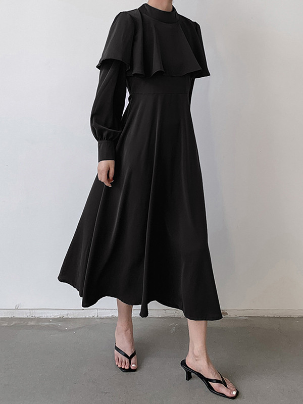 A-Line Long Sleeves Ruffle Trim Solid Color Tied Waist Mock Neck Midi Dresses