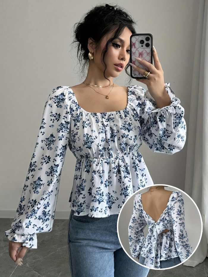 Elegant Floral Print Polyester Blouse - Long Sleeve, Ruched Waist, Puff Sleeves, Square Neck, Adult Size, Woven Fabric, Spring\u002FSummer Fashion Top