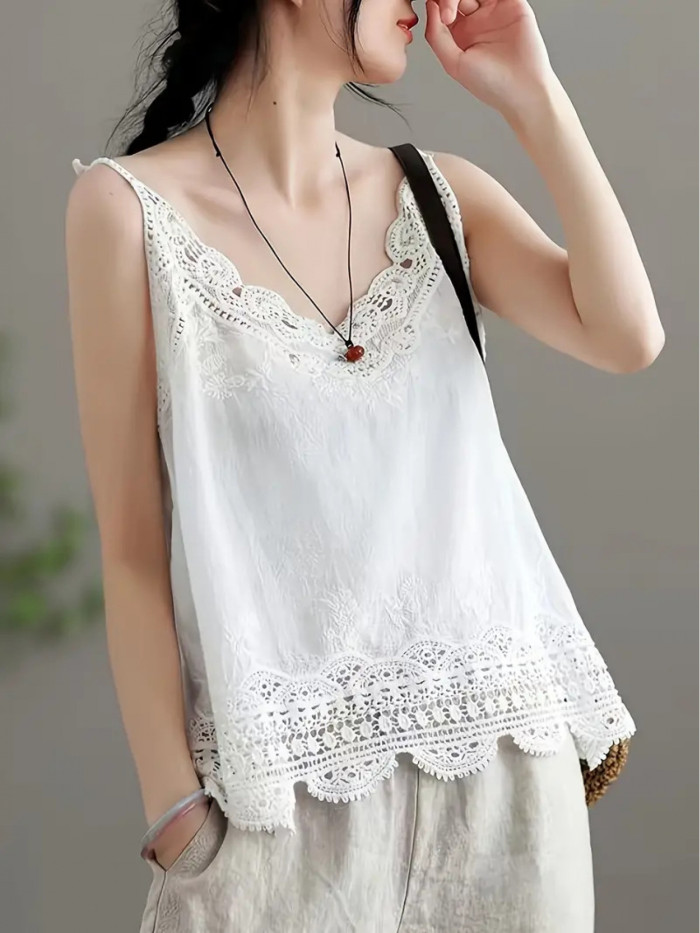 Chic Lace Embroidery V-Neck Cami Top - Breathable Polyester, Semi-Sheer, Perfect for Summer & Beach Outings