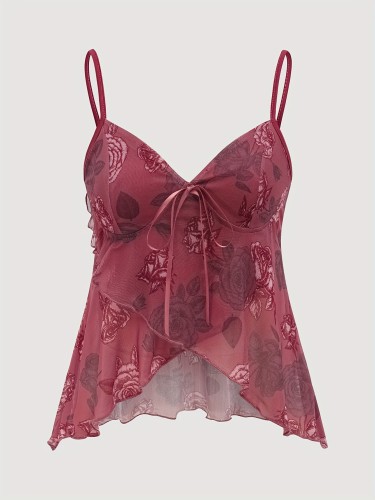 Rose Pattern Halter Backless Top Women's Irregular Hem Rose Pattern Halter Backless Top