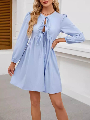 A-Line Loose Elasticity Hollow Lace-Up Pleated Solid Color Split-Joint Round-Neck Mini Dresses Shirt Dress