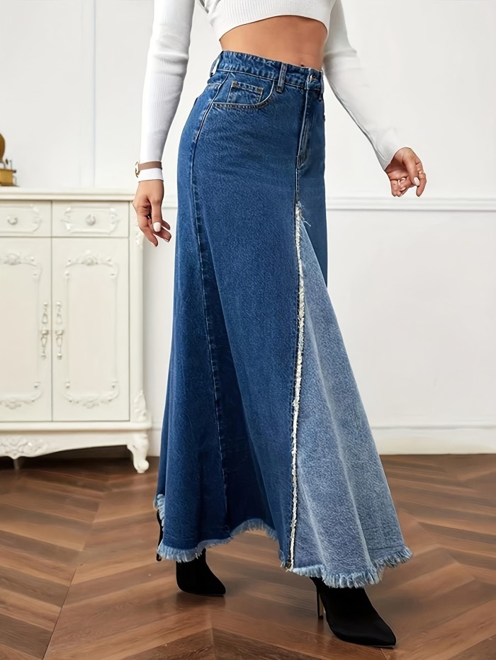 Women's Vintage-Inspired Long A-Line Denim Skirt with Raw Hem - High Waist, Frayed Detail, Machine Washable, Ideal for Spring\u002FSummer\u002FFall, Casual Wear Skirt | Highwaist Skirt | Glossy Fabric, High Waisted Skirt