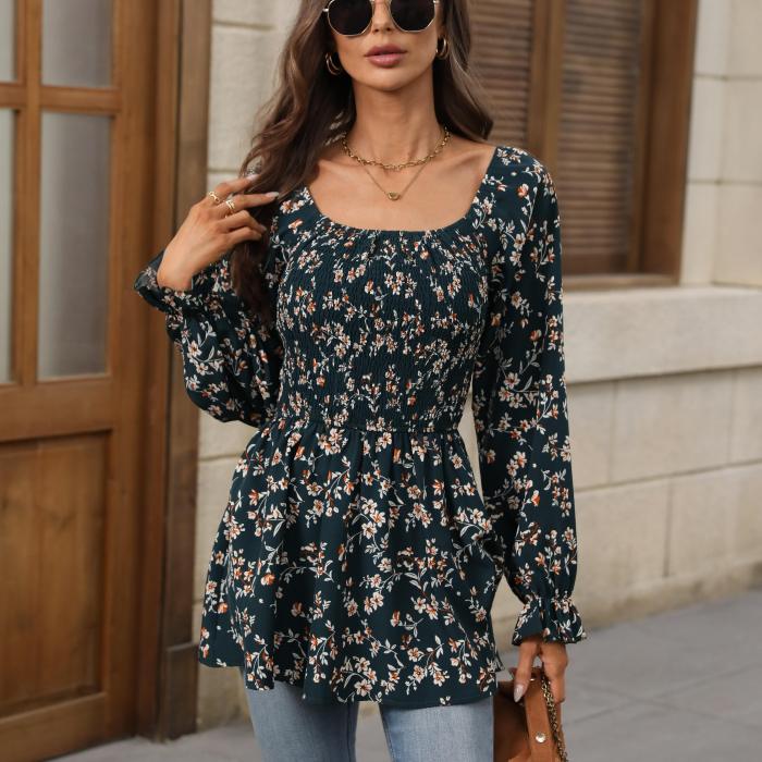 Polyester Floral Print Blouse Machine Washable Polyester Vintage Floral Print Blouse - Off-Shoulder Design, Long Sleeve, Square Neck for Women