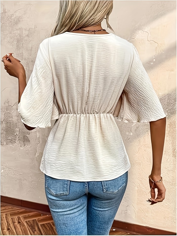 Women'S Textured Wrap V-Neck Short-Sleeve Top with Ruffles And a Loose Fit, Featuring a Tie-Front And Cinched Waist.