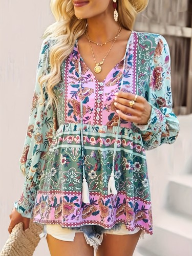 Women's Elegant Floral Print V-Neck Blouse with Tassel Details, Lantern Sleeves & Ruffle Hem - Machine Washable Rayon Fabric - Perfect for Spring, Summer & Fall, Ladies Blouses