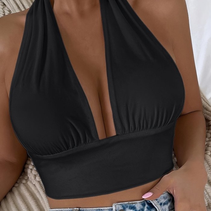 Vacation Style Backless Summer Crop Top - Solid V-neck Halter - Women's Clothing