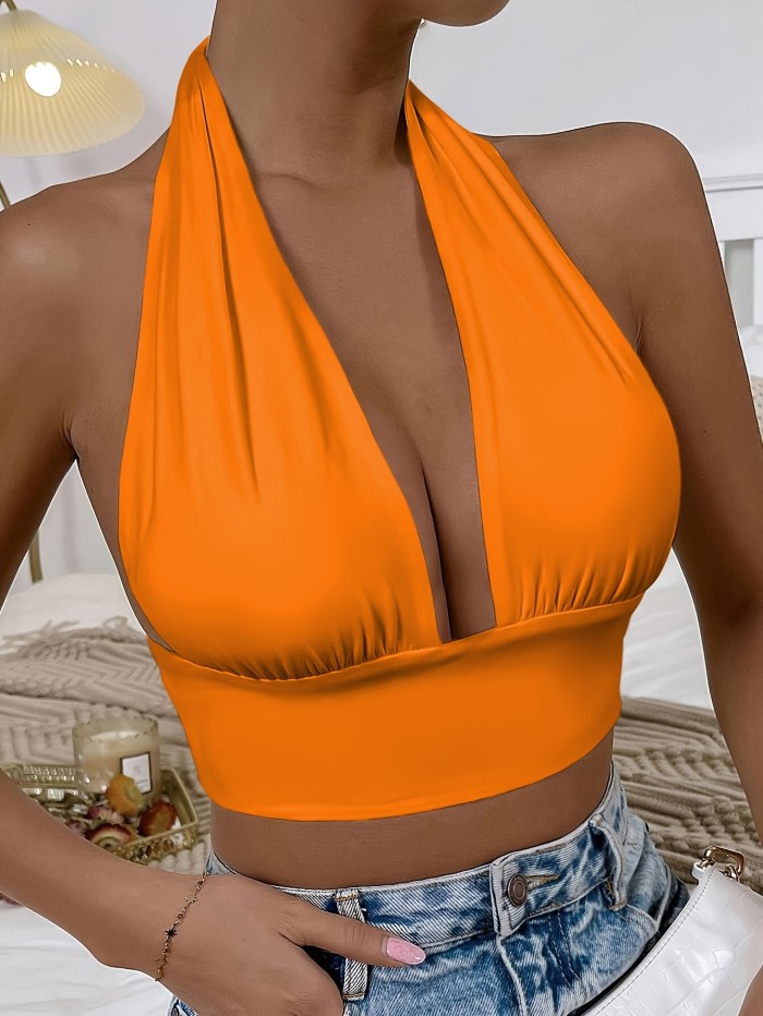 Vacation Style Backless Summer Crop Top - Solid V-neck Halter - Women's Clothing