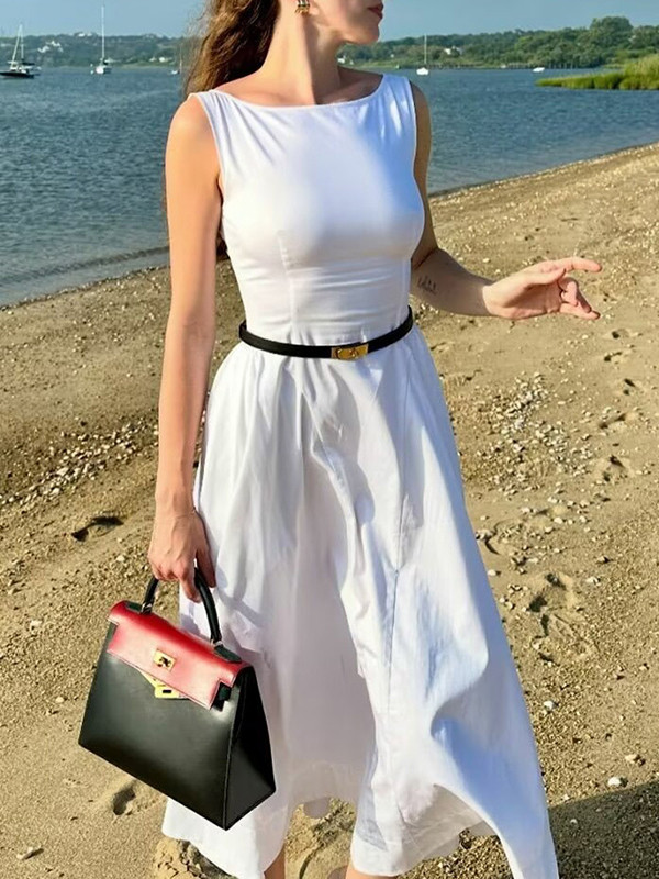 A-Line Loose No Belt Pleated Solid Color Zipper Round-Neck Midi Dresses