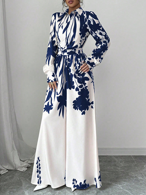 Long Sleeves Loose Floral Printed Split-Joint Tied Waist Lapel Jumpsuits