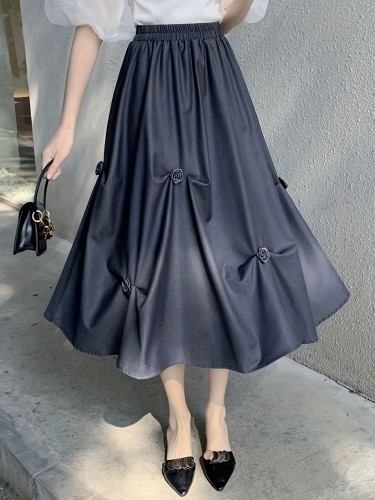 Women's A-Line Skirt with 3D Floral Embellishments, Vintage Polyester High-Waist Midi Skirt, Solid Color, Spring\u002FAutumn Fashion, Woven Fabric