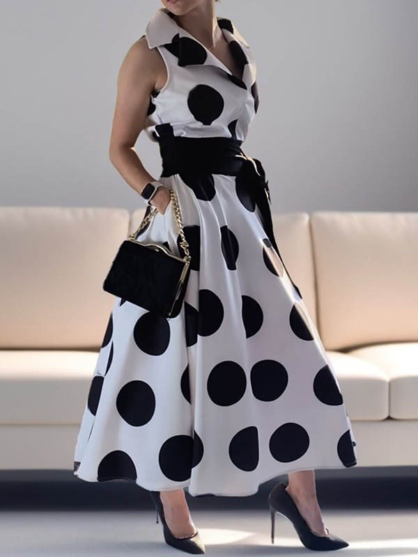 A-Line Sleeveless Polka-Dot Split-Joint Tied Waist Lapel Maxi Dresses Shirt Dress