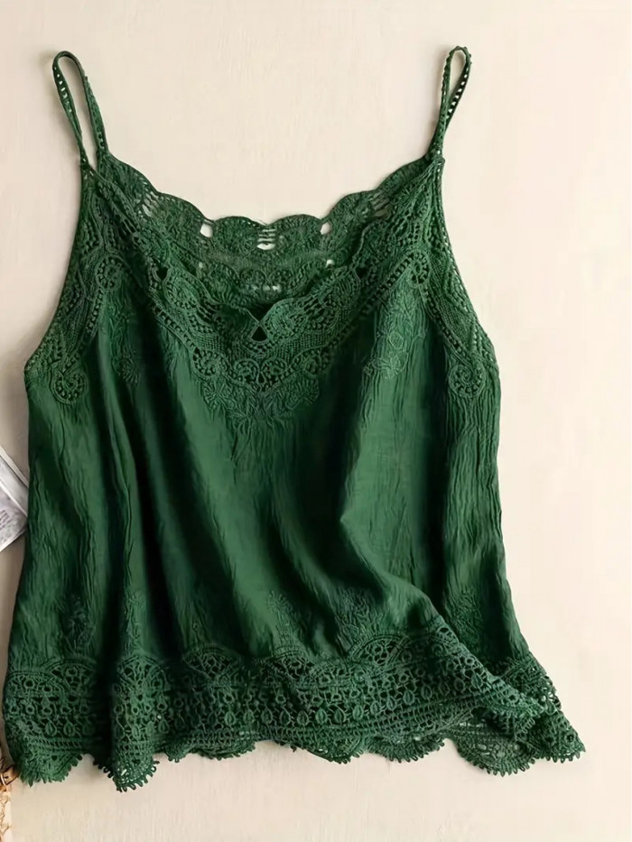 Chic Lace Embroidery V-Neck Cami Top - Breathable Polyester, Semi-Sheer, Perfect for Summer & Beach Outings