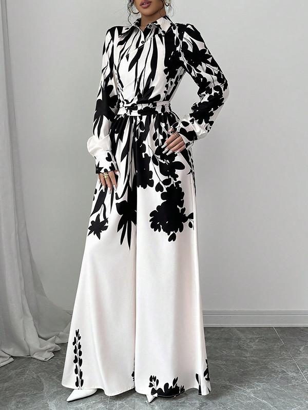 Long Sleeves Loose Floral Printed Split-Joint Tied Waist Lapel Jumpsuits