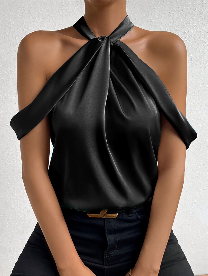 For Spring & Summer, Elegant Solid Color Twist Front Loose Blouse, Cold Shoulder Women's Clothing
