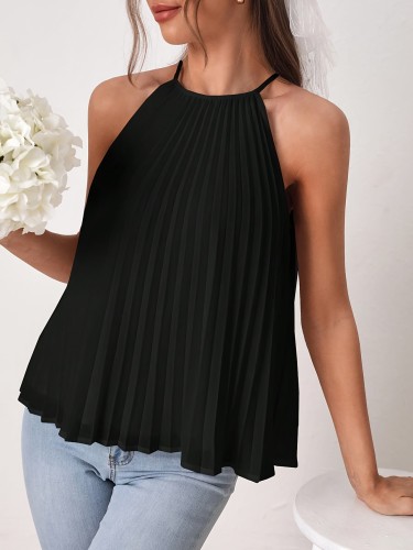 Sleeveless Solid Color Halter Neck Pleat Blouse, Casual Loose Top For Spring & Summer, Women's Clothing