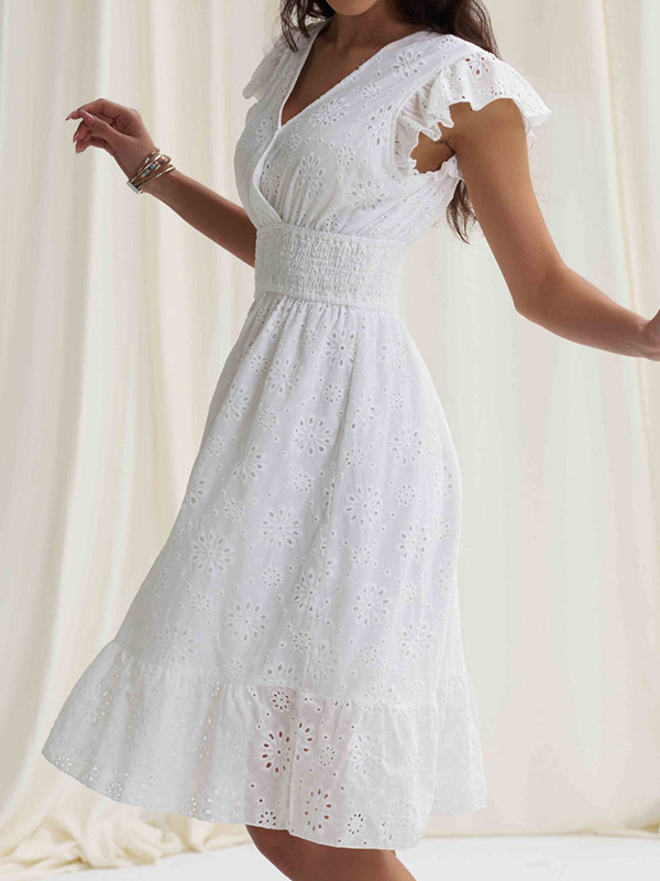 A-Line Loose Elasticity Hollow Pleated Solid Color V-Neck Mini Dresses