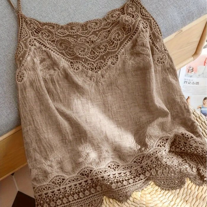 Chic Lace Embroidery V-Neck Cami Top - Breathable Polyester, Semi-Sheer, Perfect for Summer & Beach Outings