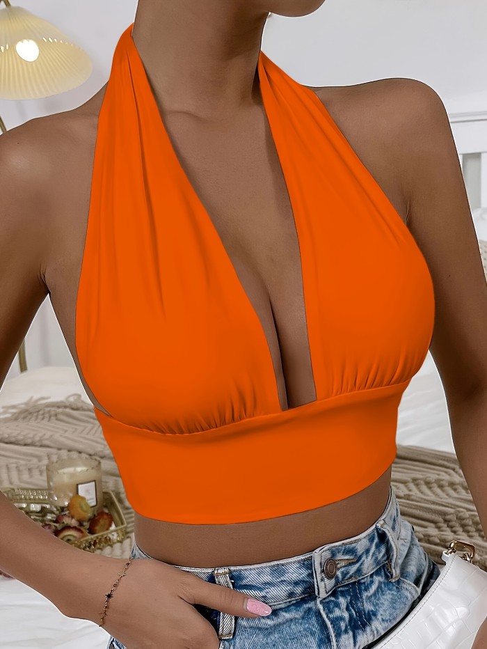 Vacation Style Backless Summer Crop Top - Solid V-neck Halter - Women's Clothing