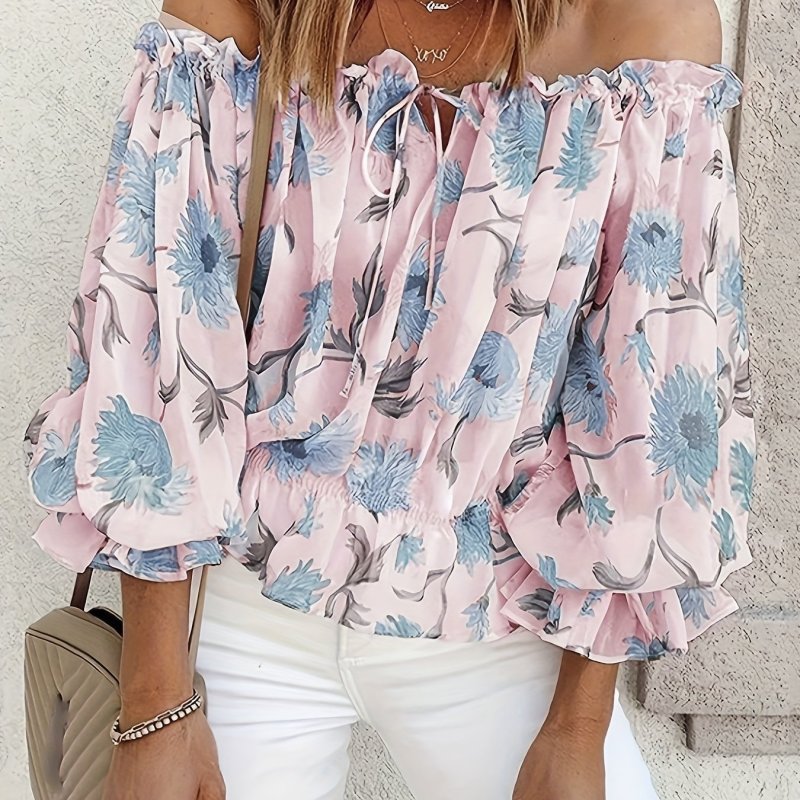 Chic Off-Shoulder Floral Blouse with Ruffle Trim - Breathable Fabric for Casual Wear