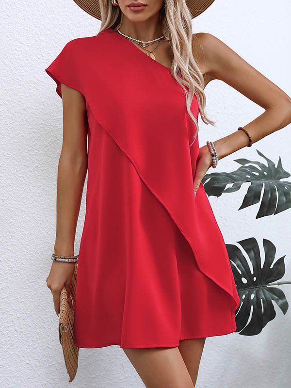 A-Line False Two Asymmetric Solid Color One-Shoulder Mini Dresses