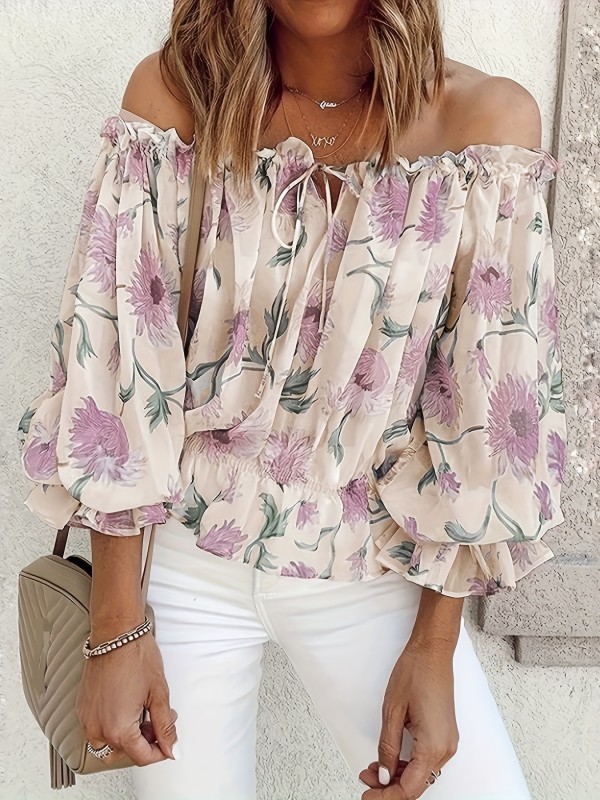Chic Off-Shoulder Floral Blouse with Ruffle Trim - Breathable Fabric for Casual Wear