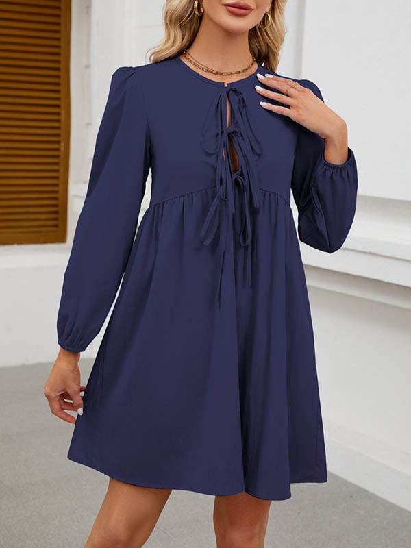 A-Line Loose Elasticity Hollow Lace-Up Pleated Solid Color Split-Joint Round-Neck Mini Dresses Shirt Dress