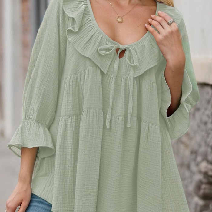 Tooluck Women'S Round Neck 3\u002F4 Long Sleeve Casual Lace-Up Front Ruffled Multi-Layered Loose Belted Shirt