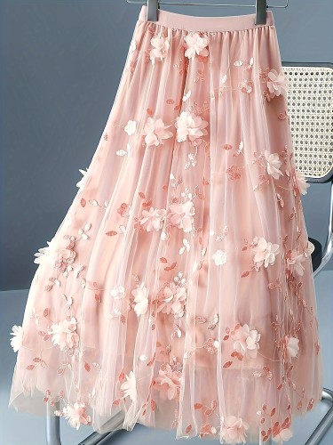 Home Relaxation Elegant Women's Floral Midi Skirt - Light Blue Polyester, A-Line, Non-Stretch Fabric, Hand Washable, Special Occasion Dress|Flowing Hem Skirt|Glossy Texture