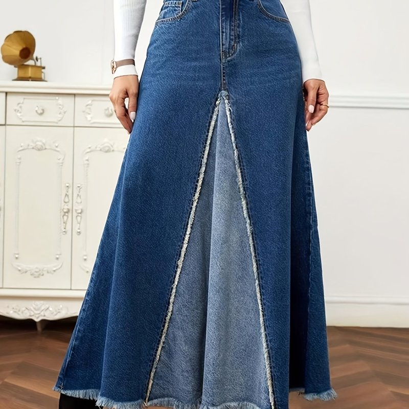 Women's Vintage-Inspired Long A-Line Denim Skirt with Raw Hem - High Waist, Frayed Detail, Machine Washable, Ideal for Spring\u002FSummer\u002FFall, Casual Wear Skirt | Highwaist Skirt | Glossy Fabric, High Waisted Skirt
