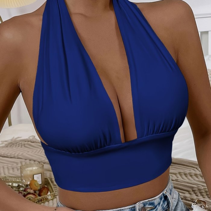 Vacation Style Backless Summer Crop Top - Solid V-neck Halter - Women's Clothing