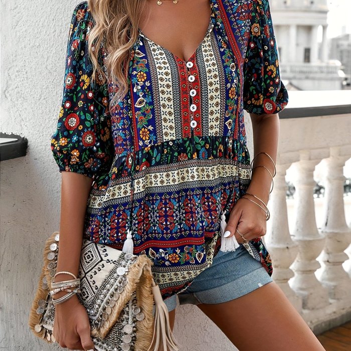 Long Sleeve Elegant V Neck Floral Print Blouse - Button Front, Relaxed Fit, Machine Washable, Summer Vacation Essential - Polyester Shirting Top for Women