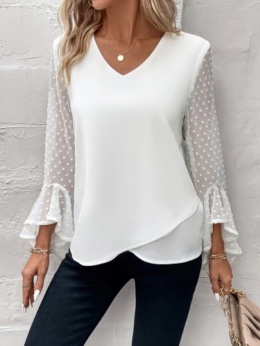 Swiss Dot Mesh Splicing V-neck Blouse, Elegant Cross Flare Sleeve Blouse For Spring & Fall, Women's Clothing