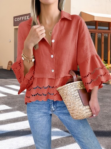 Women's Elegant Collar Blouse | 3\u002F4 Bell Sleeve | Ruffle Hem with Eyelet Details | Rayon-Nylon-Spandex Blend | Single-Breasted Button- | Spring & Autumn Wear, Stylish Women's Shirt | Bell Sleeve Top | Smooth Textured Fabric, Ladies Blouses